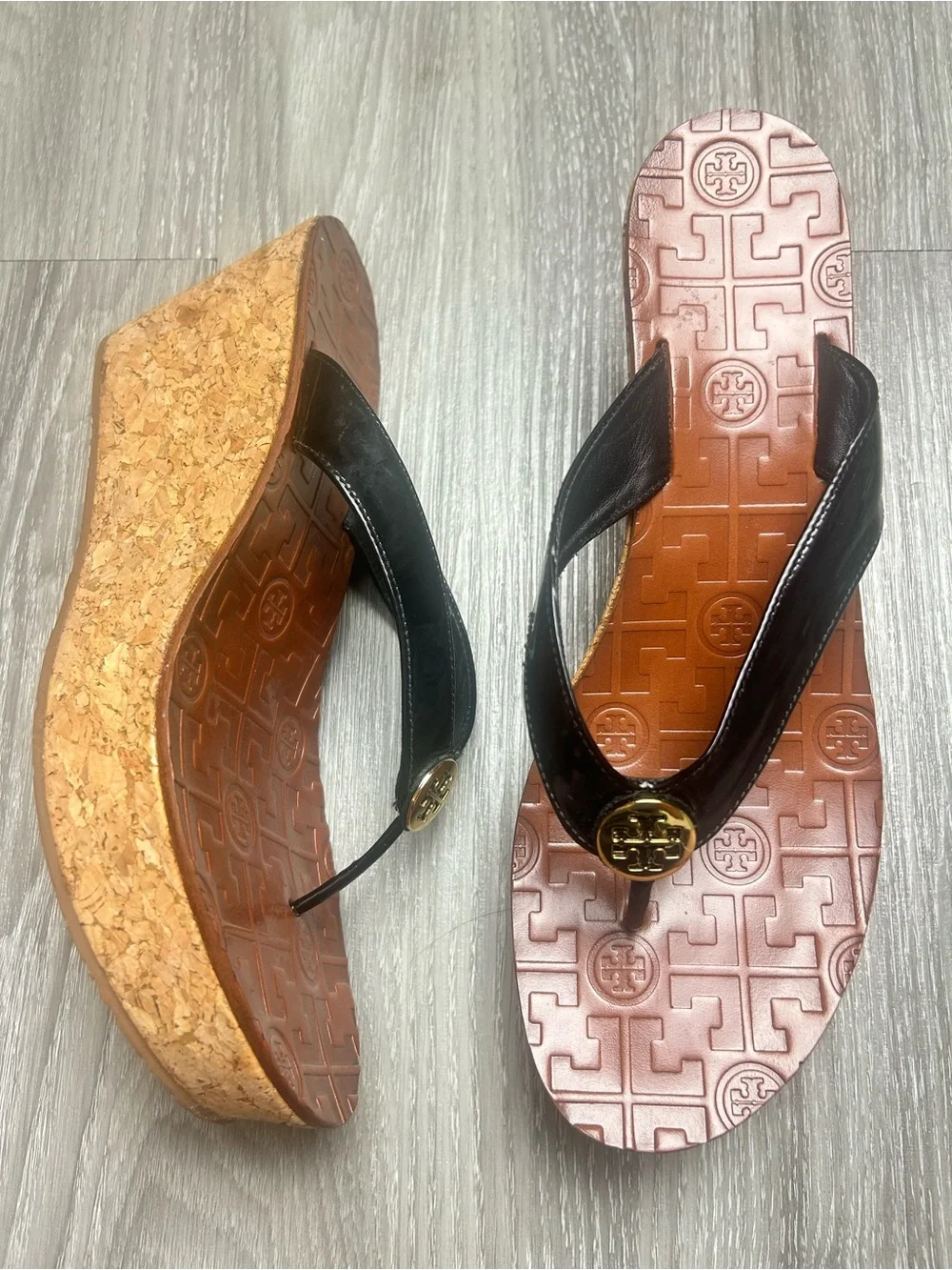 Tory Burch Thora Patent Black Leather Cork Wedge Sandals Size 9.5 M Brazil